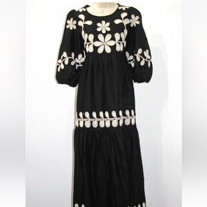CAROLINE CONSTAS Black Linen Blend Embroidery Maxi Dress